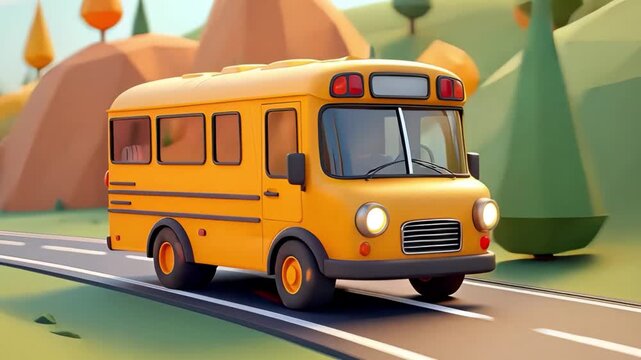 A yellow school bus drives along a winding road through a colorful autumn landscape. Playful cartoon style with trees and hills. Generative AI.