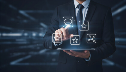 Businessman selects star rating and chat icons from a digital tablet interface technology