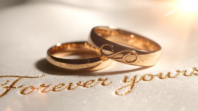 Elegant cinematic shot of two golden wedding rings resting on a minimalist white surface engraved with forever yours text symbolizing eternal love and commitment in high definition video.