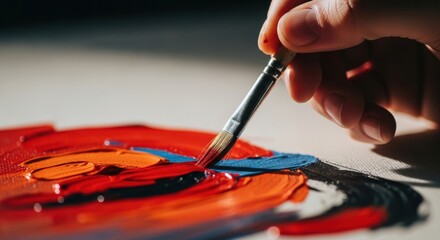 Obraz premium Artistic process showing brush strokes of red and blue paint being mixed on a dark canvas