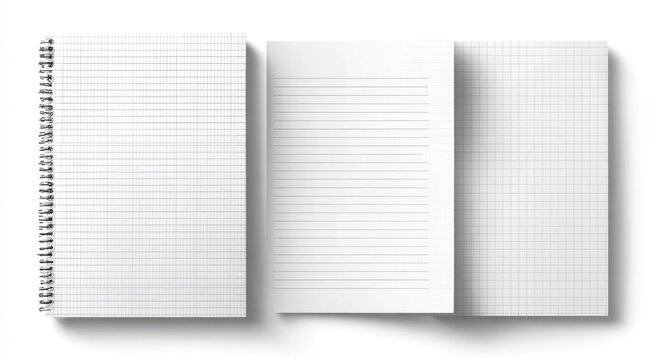 Three blank notebooks, one spiral-bound, featuring grid and lined pages, on a white surface