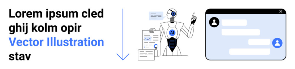 Fototapeta premium AI technology, robotics, chatbots, automated tools, digital communication, analytics. A robot processes data, alongside a chat window. AI technology and chatbots concept