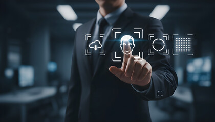 Businessman using facial recognition technology interface with icons image photo
