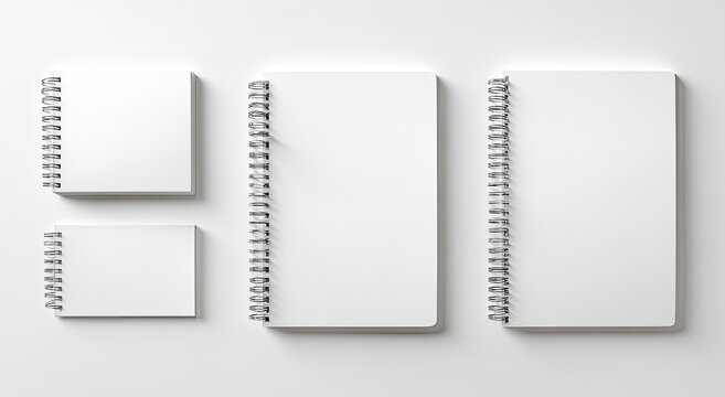 Four blank white spiral notebooks in varying sizes, arranged on a white background