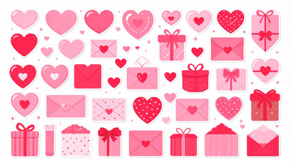Romantic Love Sticker Collection with Hearts, Gift Boxes and Sweet Valentine Decorations Flat Vector