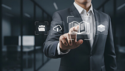 Man in suit touches open book icon with digital files and cloud icons image photo Business