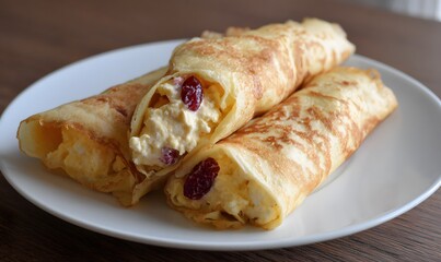 A golden-brown thin pancake with a delicate cottage cheese filling and juicy raisins