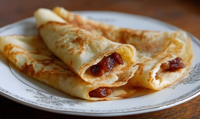 A golden-brown thin pancake with a delicate cottage cheese filling and juicy raisins