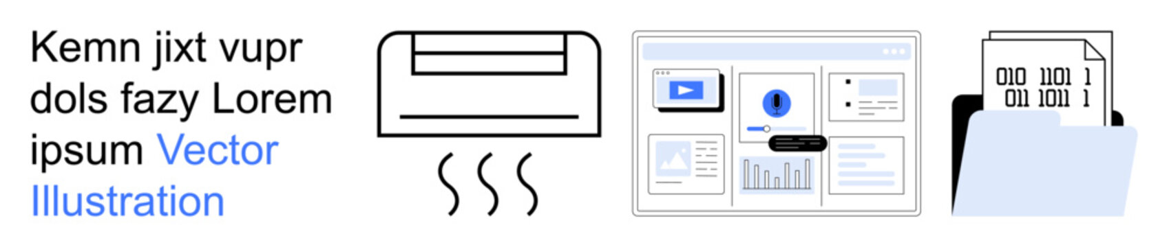 Smart home, software development, data storage, technology management, digital interfaces, energy control. Air conditioner, dashboard layout folder with binary code. Smart home and software