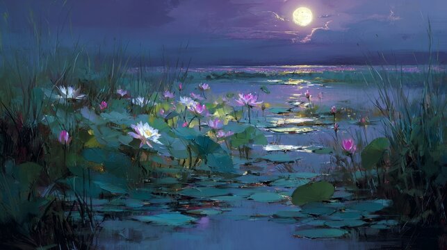 soft glowing moonlight reflecting on blooming lotus flowers in a calm tranquil pond, serene night landscape with gentle water reflections, peaceful nature scene symbolizing purity, meditation, and spi