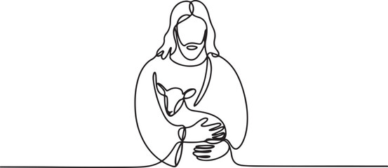 Continuous one line drawing of Jesus Christ holding a lamb in his arms.one line vector illustration with white background © Misho x Mamun