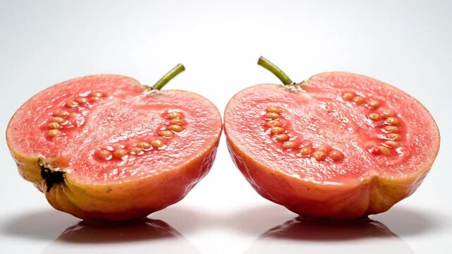 Cinematic close-up of a ripe pink guava fruit cut in half showcasing juicy tropical pulp with a pit and a vibrant green stem isolated on a clean white background in slow motion