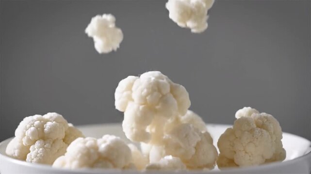 Fresh cauliflower florets falling into a white bowl in slow motion