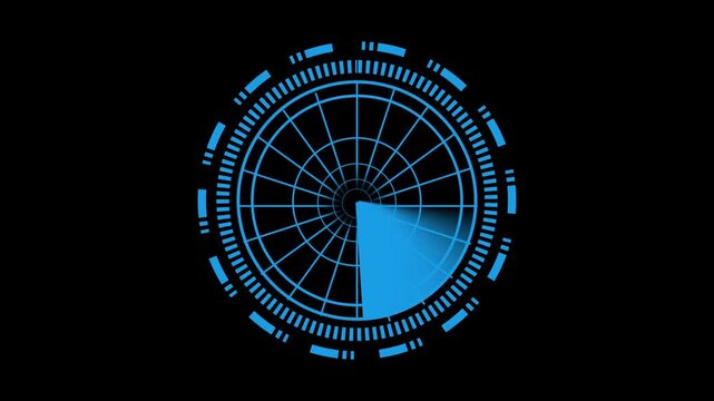 Futuristic Blue Radar Screen Displaying Scan Sector on Black Background technology. Futuristic tech radar screen with glowing blue elements highlighting scanned sectors in real time.