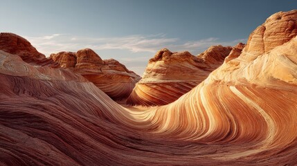 Dramatic desert dunes resembling ocean waves under a glowing sky, capturing movement, warmth, and the beauty of a vast arid environment