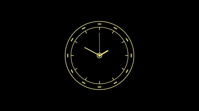 Yellow outline of a clock face with hands indicating approximately on a black background. Minimal yellow clock outline indicating clean and modern abstract representation of time.