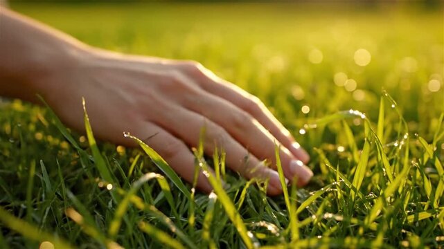 Gentle hand caressing lush green grass with dew drops at sunrise, morning light filtering through