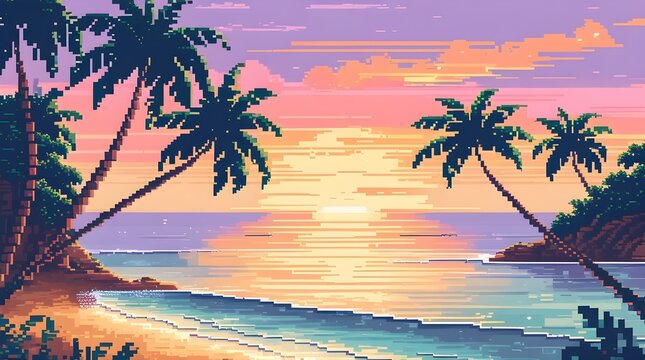 Pixel art serene beach at sunset with palm trees and calm ocean waves.