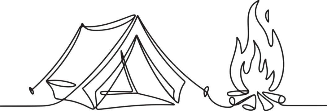 Minimalist continuous one line drawing of a canvas tent with large campfire flame in modern black outline art style .one line vector illustration with white background