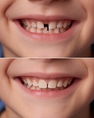Fototapeta premium close-up child mouth only, before-after split, before noticeable gap between front teeth, after smaller gap