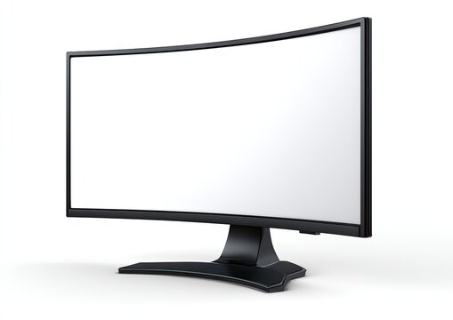 A curved, black computer monitor against a bright white backdrop, angled slightly