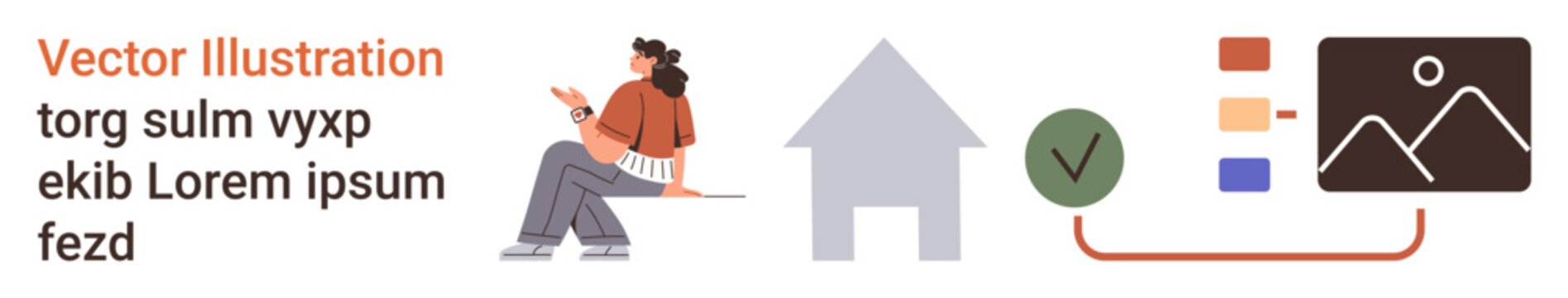 Remote work, content organization, project management, productivity tools, home-based settings, data visualization. Woman working, house icon checklist tick. Remote work and content organization