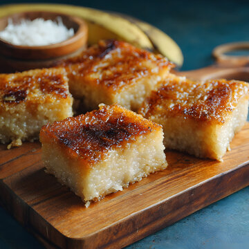 Caramelized Cassava Pone Yucca Cake Squares on Wooden Board