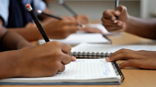 Close-up of students' hands diligently writing in notebooks during a lesson