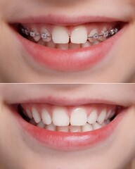 Naklejka premium close-up child mouth only, before-after split, subtle orthodontic progress, small metal braces visible but generic , before more crowded teeth, after slightly improved alignment