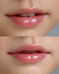 Naklejka premium close-up child mouth only, split before and after, premium clean clinic aesthetic, soft bright lighting, gentle highlights