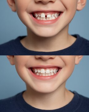 child mouth only, before-after split, accurate tooth transition baby tooth missing vs adult tooth erupting