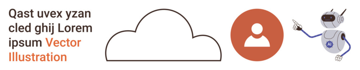 Cloud computing, artificial intelligence, user interface, digital storage, automation, futuristic innovation. A cloud symbol, user icon and robot pointing. Cloud computing and AI-driven solutions