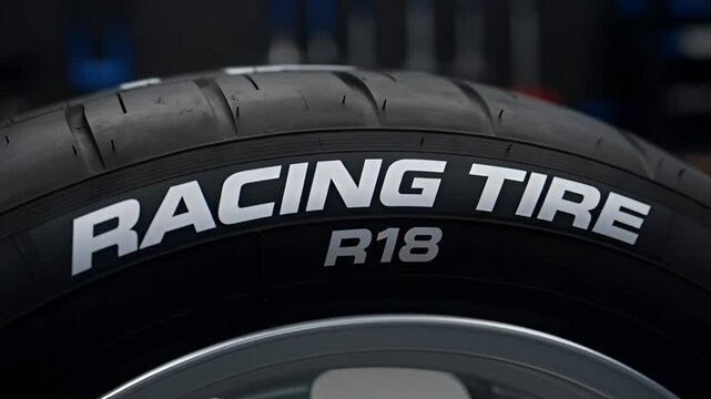 Closeup image showcases the detail and design of a sleek racing tire