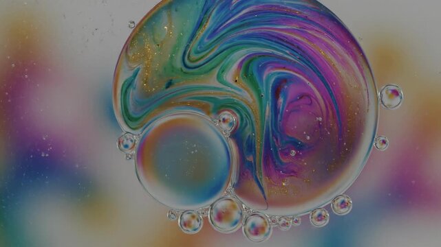 Colorful Oil and Water Bubbles Swirling with Glitter, Abstract Macro Fluid Dynamics