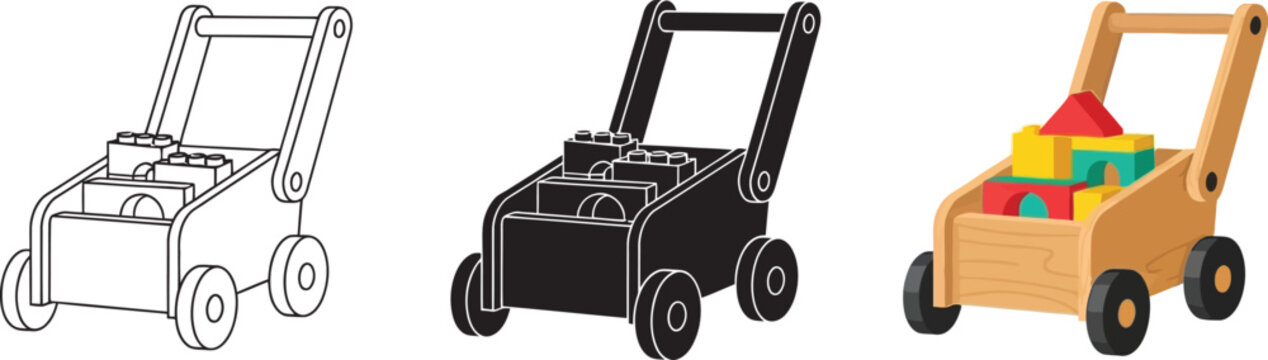 Set of baby walker toys with building blocks line art silhouette and full color illustration for childrens products and concepts