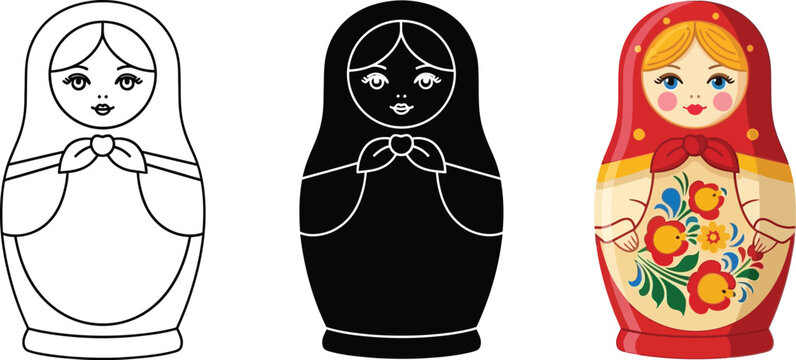 Set of three Matryoshka dolls including a line art silhouette and colorful traditional Russian nesting doll isolated on white background