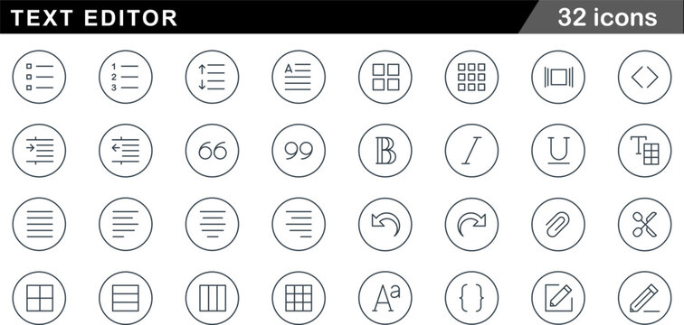 Mono line Text Editor Icon Set 32 Minimalist Circular Symbols for Document Formatting, Typography and Content Editing Tools