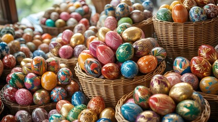 Abundant display of intricately decorated Easter eggs in woven baskets, showcasing a colorful and festive collection for holiday traditions.