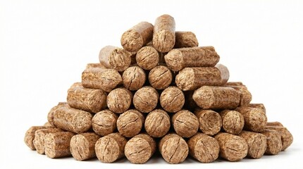 A large pyramid of cylindrical cork stoppers stacked neatly on a plain white background