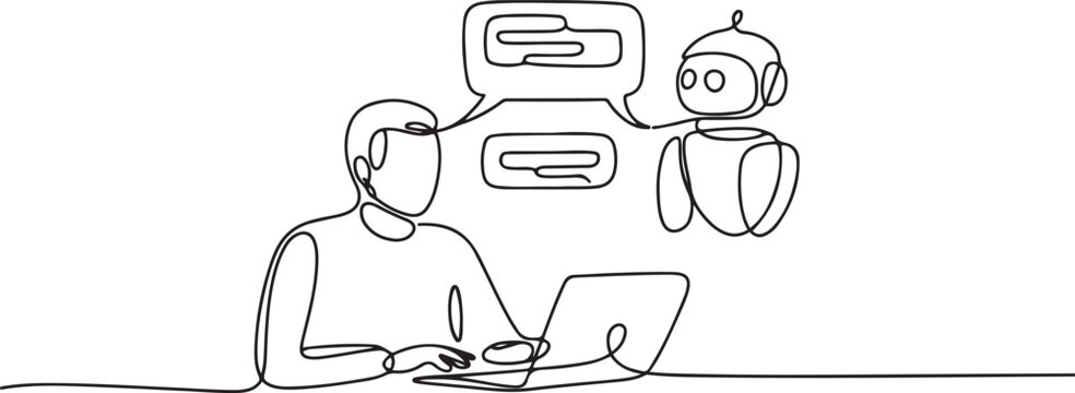 Continuous one line drawing Online communication with chat bot concept illustration of a single line drawing