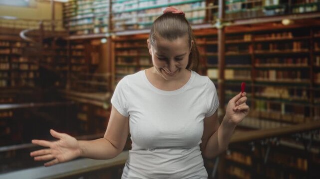 Woman holding red heart near chest, smiling and open left palm gesture in a library building with bookshelves and spiral staircase visible; love offering joy.