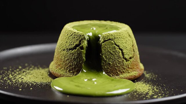 Delicious matcha lava cake with gooey center on dark plate