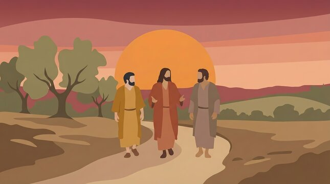 Jesus walking with two disciples on the road to Emmaus biblical illustration, AI generated
