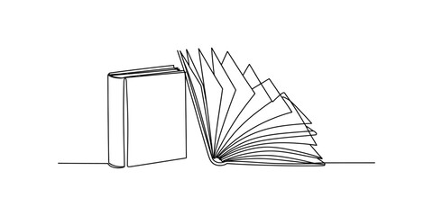 Minimalist continuous line drawing of a closed book and an open book with fanning pages. Vector, illustration © Badhon_Art Gallery