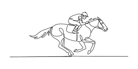 Obraz premium Continuous one line drawing of a professional jockey riding a galloping horse at full speed Vector, illustration