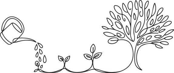 Continuous single line sketch drawing of watering can plant tree seedling growth .illustration of a single line drawing Continuous single line sketch drawing of watering can plant tree seedling growth © Misho x Mamun
