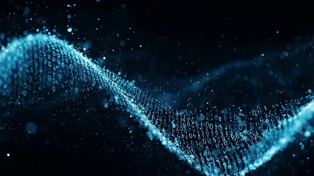 A digital wave of luminous binary code flows through a dark, sparkling expanse
