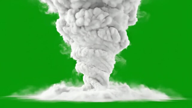 White tornado smoke funnel with debris on green screen background visual effects
