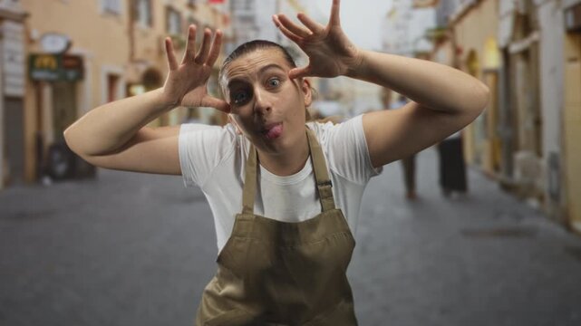Woman in apron makes a silly face, sticks tongue out and frames eyes with hands on a street lined with buildings; playful mischief.