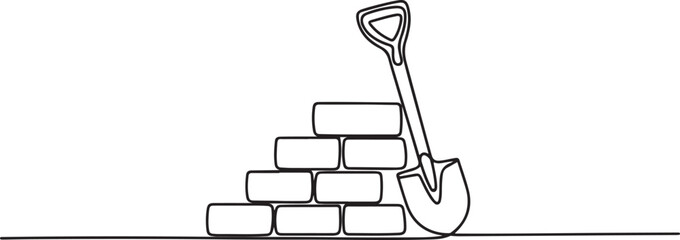 continuous line drawing of bricks and shovels.one line vector drawing of bricks and shovels in the building process. . illustration of a single line drawing © Misho x Mamun